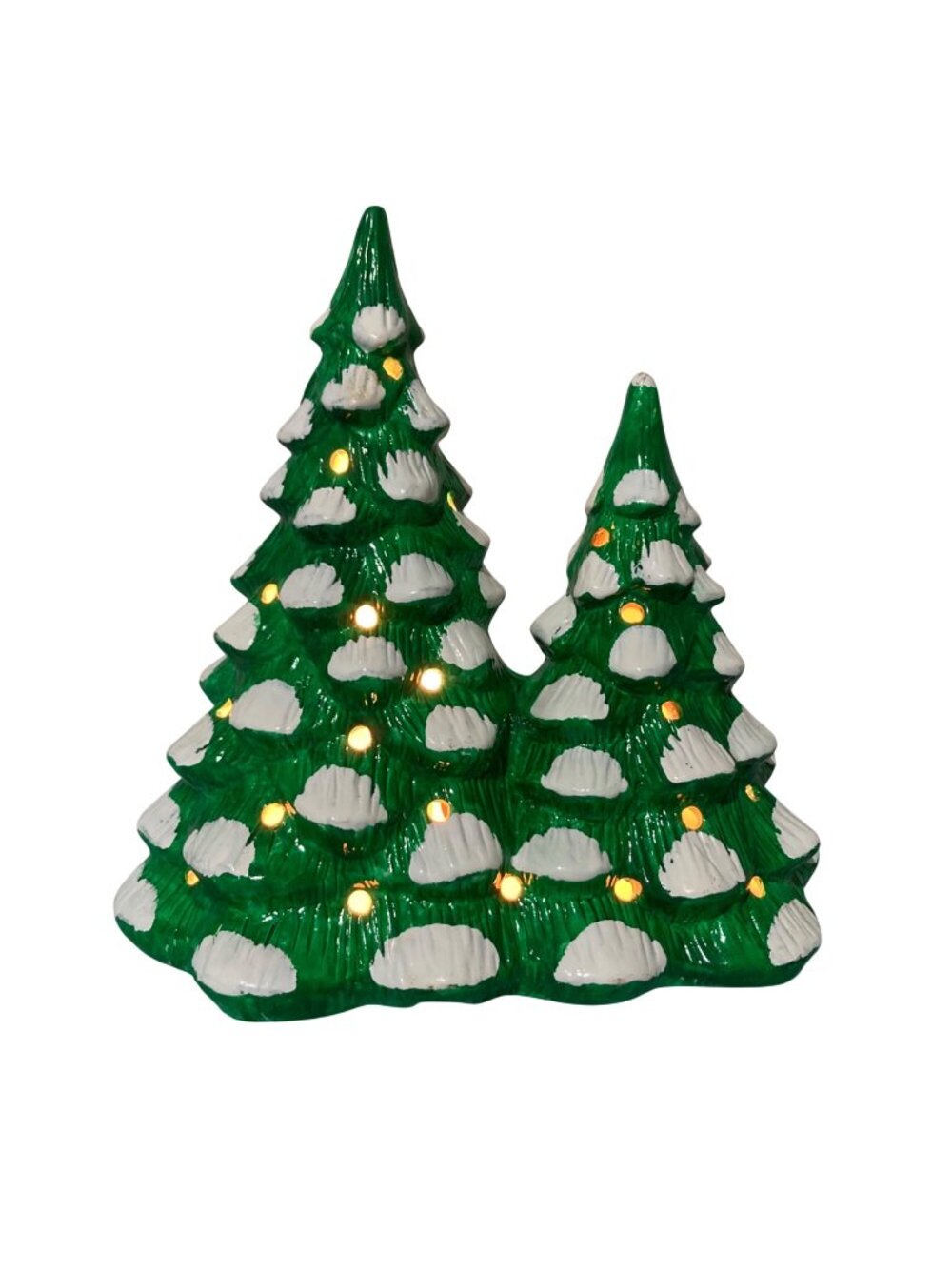 Vintage Ceramic Light-Up Christmas Tree With Dual Green Snow-Covered Trees